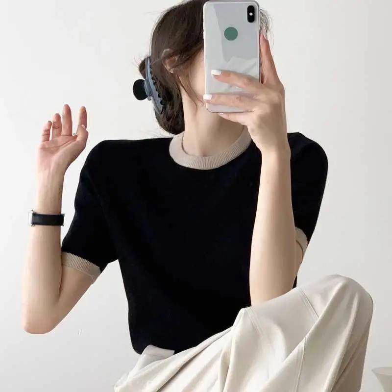 Áo Sweater Tay Ngắn Cổ Tròn Màu Sắc Tương Phản Phong Cách Retro