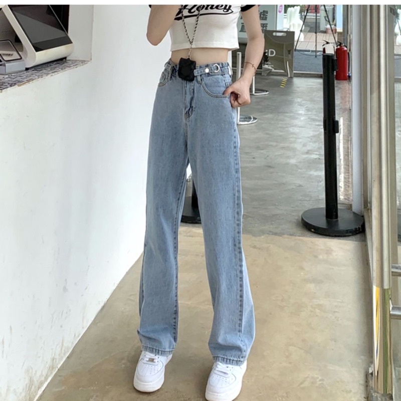 Zenme- sẵn S/M Quần jean nữ ống rộng cạp cao màu xanh nhạt, có nút điều chỉnh độ rộng chật hàng chuẩn Taobao 2022