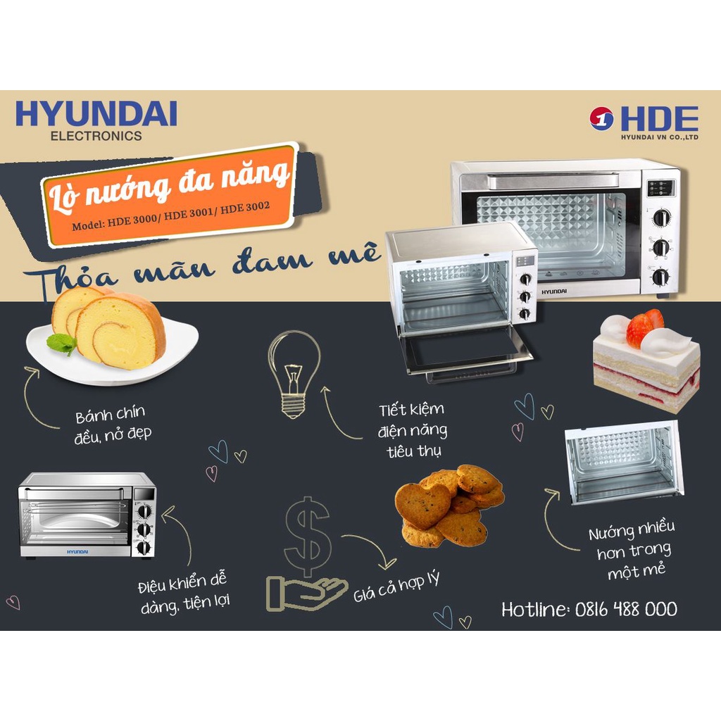 Lò nướng Hyundai HDE 3000S, Dung tích 30L, 35L, 45L. Hàng chính hãng Bảo hành 12 tháng