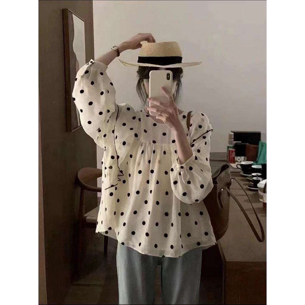 Áo Sơ Mi Chấm Bi Dài Tay Phong Cách Pháp Thời Trang Mùa Xuân Kiểu Mới 63014