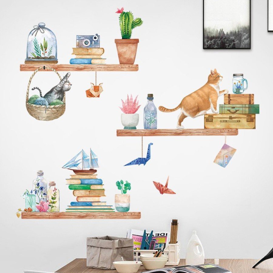 Decal trang trí những chú mèo nghộ nghĩnh - Giấy dán tường phòng khách, phòng ngủ, phòng bé đáng yêu có keo sẵn