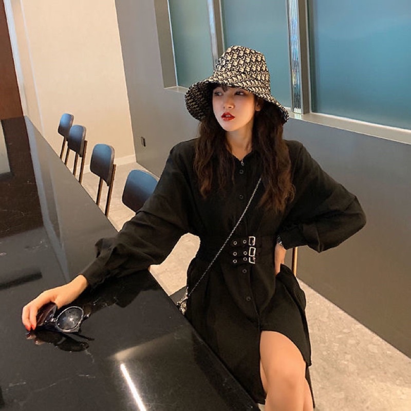 Váy Sơ Mi Giấu Quần Nữ Màu Trắng Đen Cổ Sơ Mi Cài Cúc Tặng Đai Dài Tay Suông Style Hàn Quốc Chất Loại 1 Hàng Quảng Châui