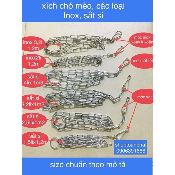 xích chó mèo inox- sắt 2li-3li-4li dài 1,4m,1,6m + dây buộc, móc inox cổ chó mèo