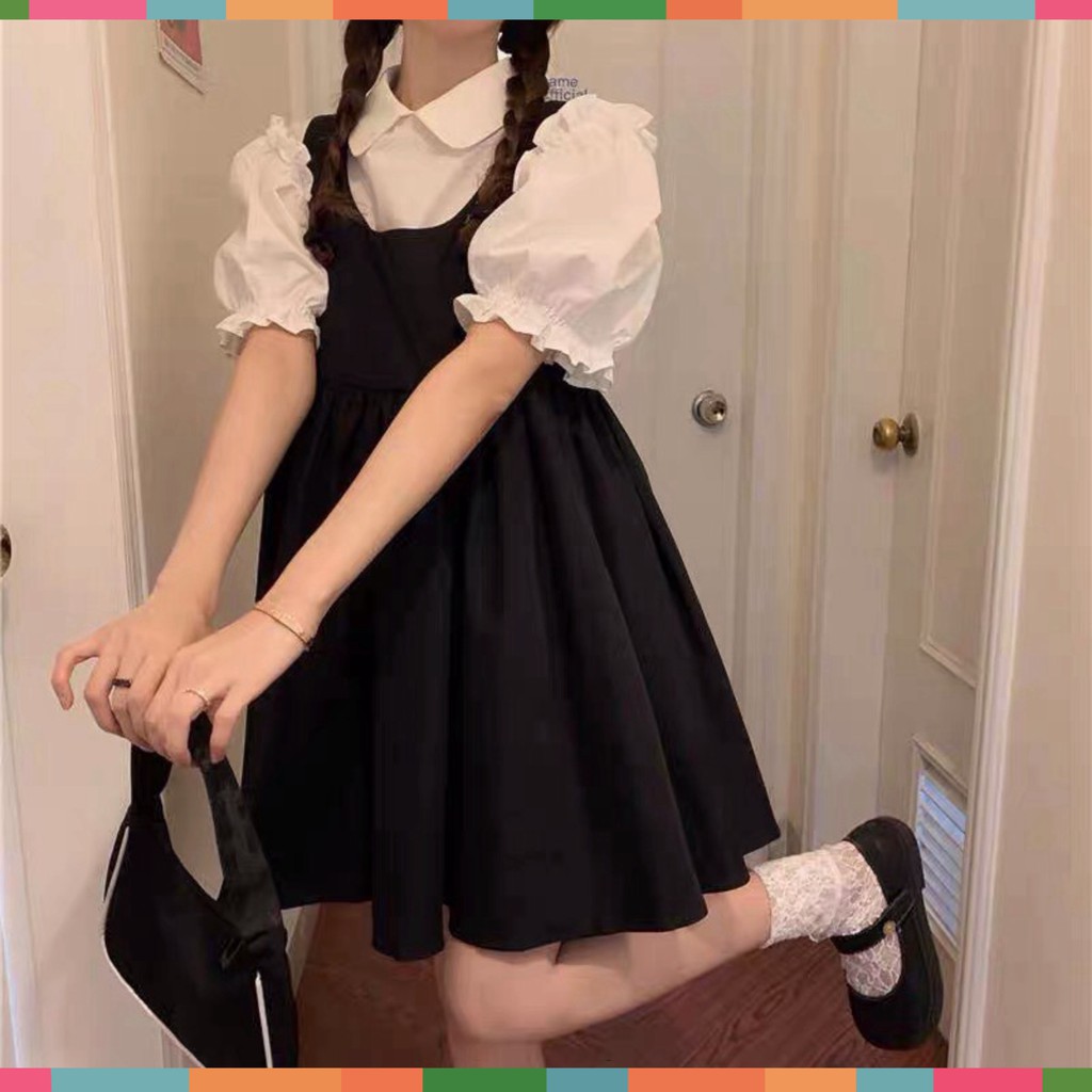 Đầm Yếm Nữ Đen Kèm Áo Ngắn Tay Bồng Siêu Xinh | BigBuy360 - bigbuy360.vn