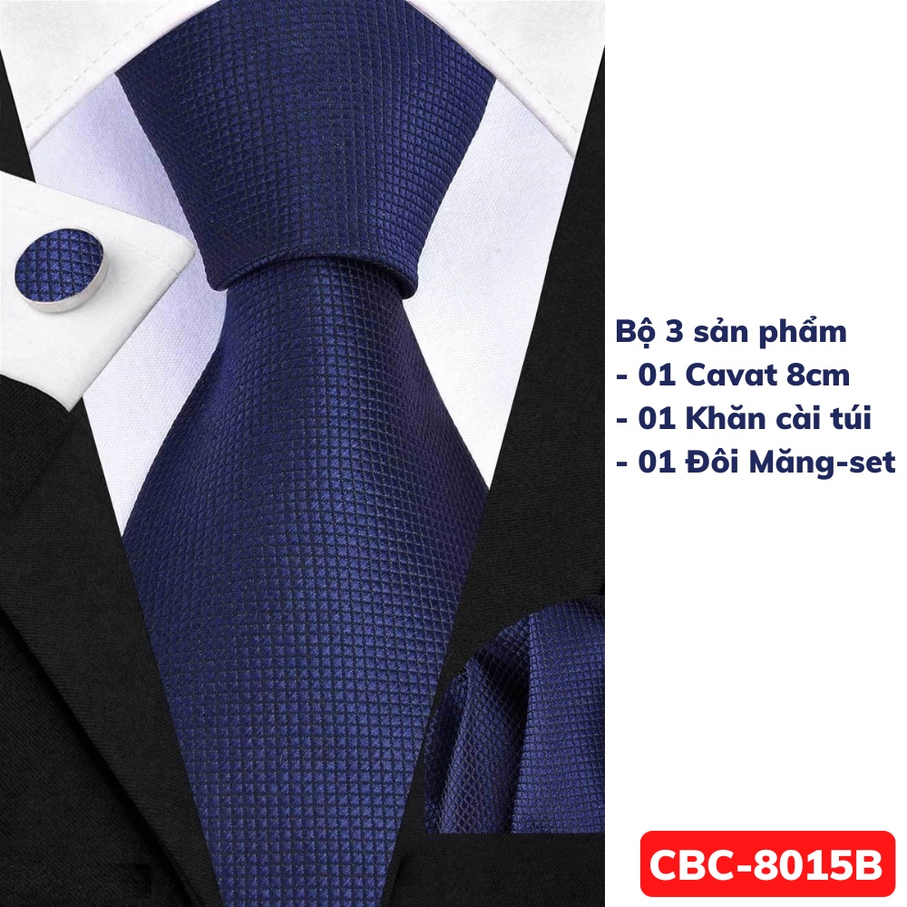 Bộ 3 món Cà vạt màu xanh 8cm, Khăn cài túi áo vest, Măng-set cài tay, Cravat công sở, Calavat chú rể CBC-8015