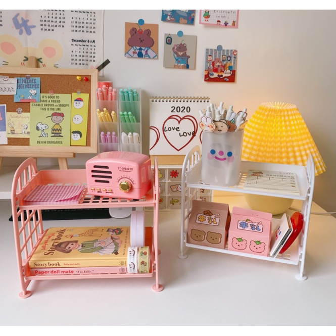 Kệ nhựa mini 2 tầng để đồ dùng học tập trang trí bàn học phong cách Hàn Quốc