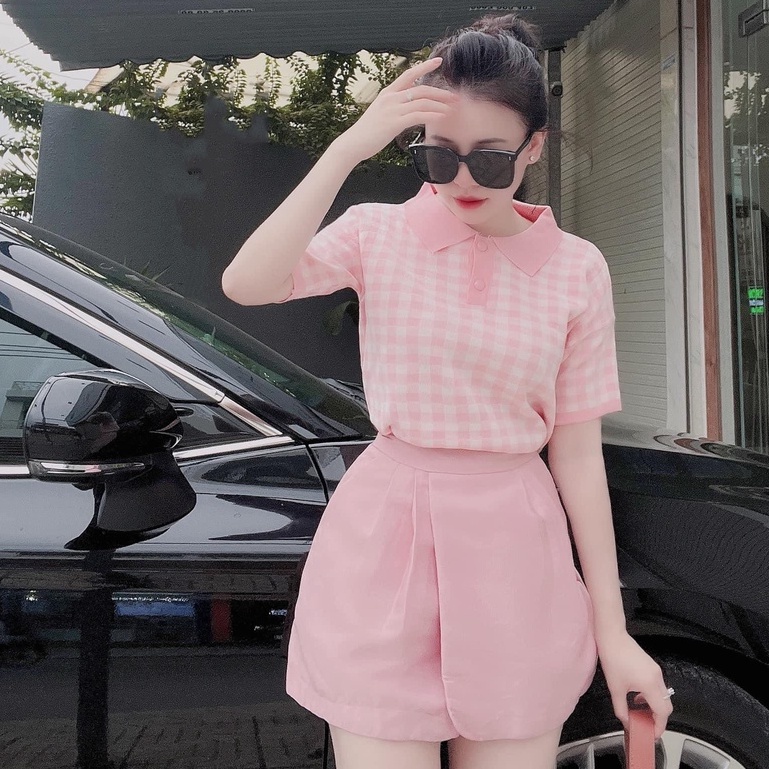 Sét bộ áo cộc tay nữ kèm chân váy nữ họa tiết caro cực xinh phối quần chân váy dễ thương cho nàng đi chơi,S93