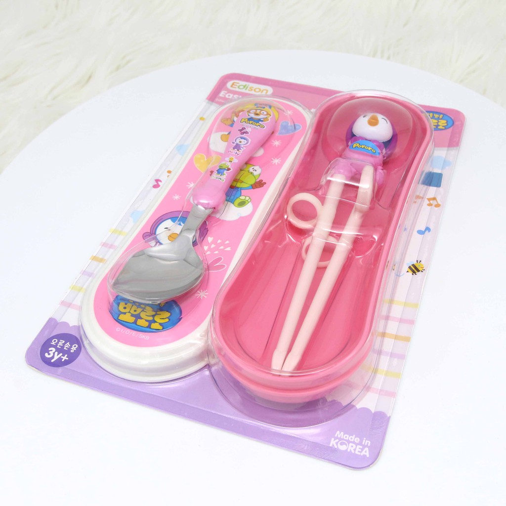 Set 2 món thìa, đũa tập ăn có hộp đựng cho bé Edison 9842 Hàn Quốc hình Pororo - Đồ dùng ăn dặm Edison