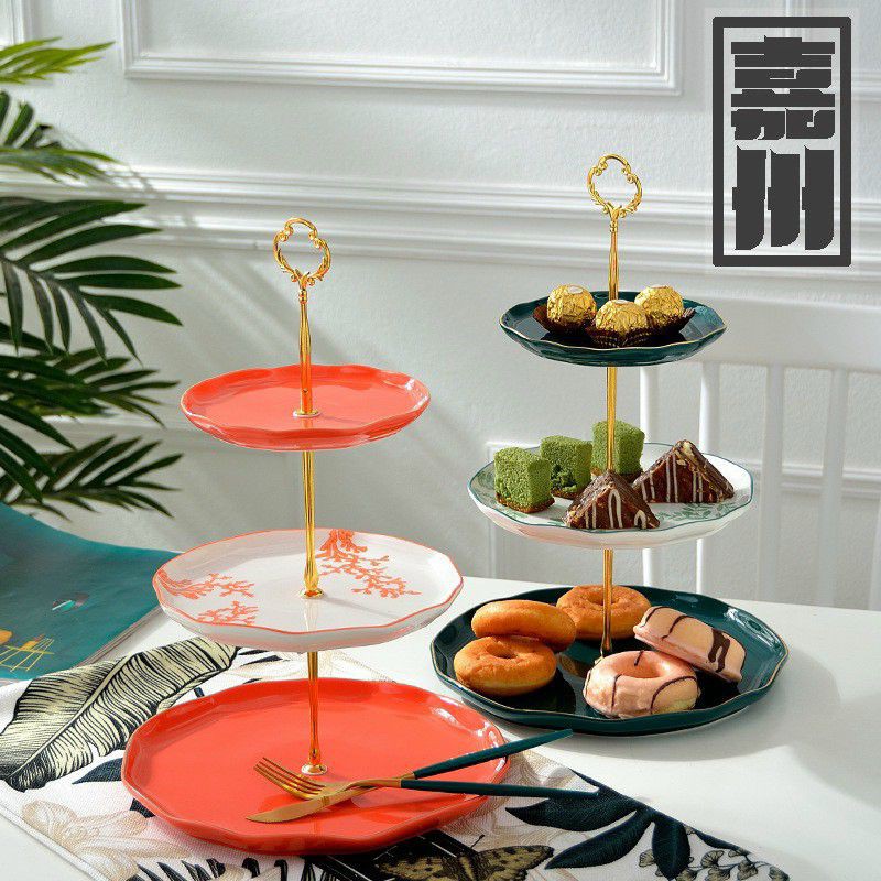 Khay đựng bánh 3 tầng, 2 tầng - Khay sứ màu cam trắng cao cấp