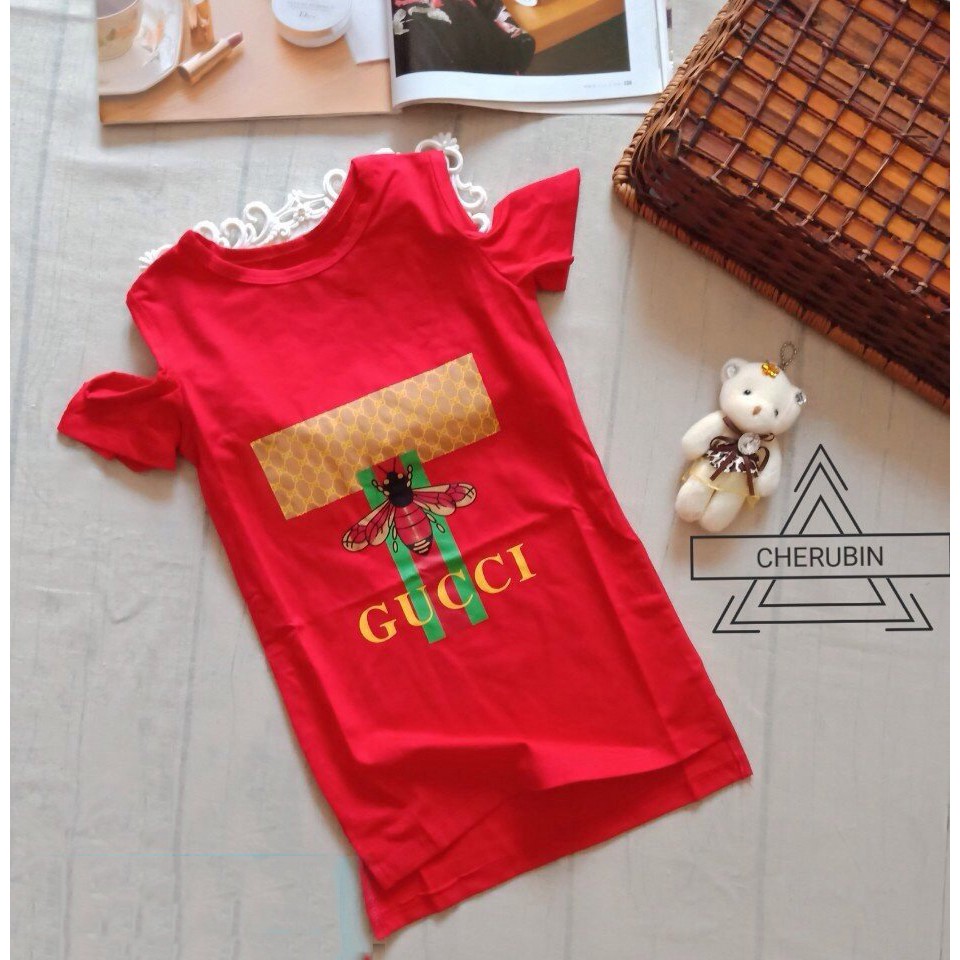 Đầm thun rớt vai thêu ong cho bé gái