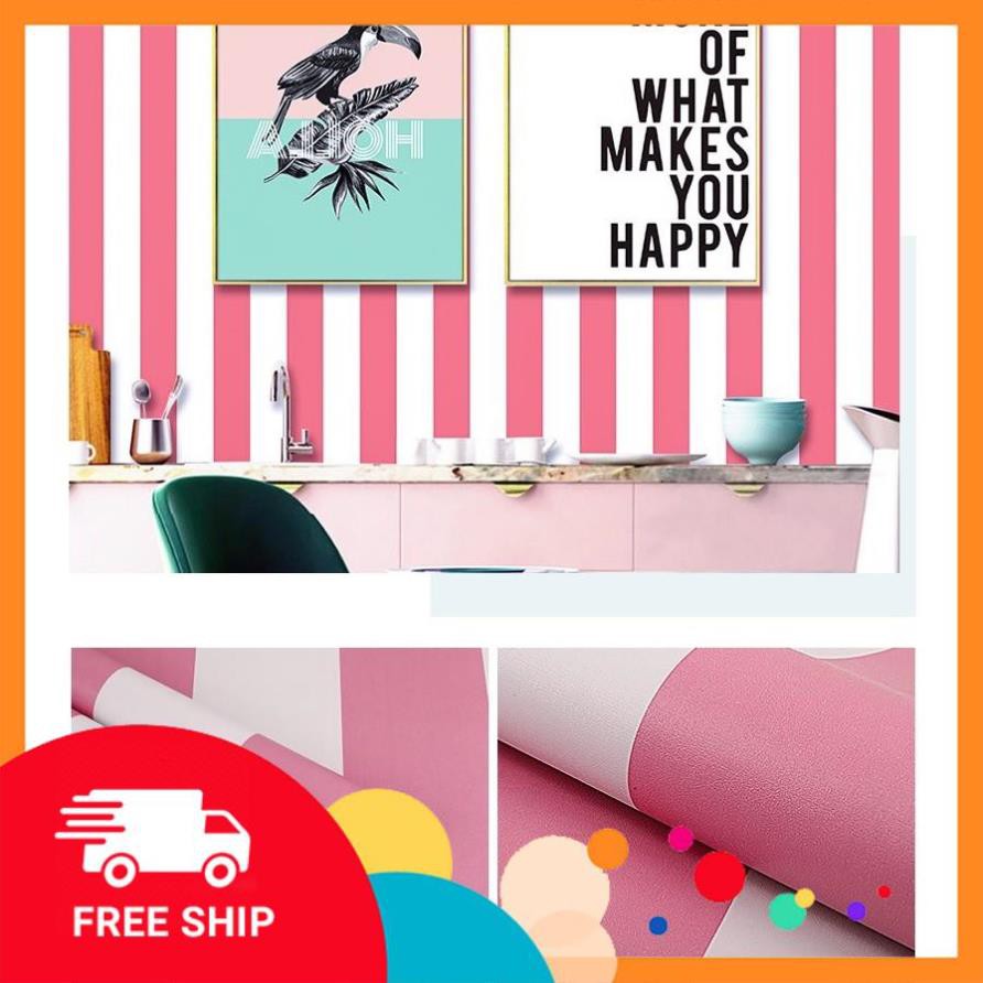 ⚡️𝗙𝗥𝗘𝗘𝗦𝗛𝗜𝗣⚡️ XẢ 10m Giấy dán tường Sọc hồng trắng có sẵn keo khổ rộng 45cm