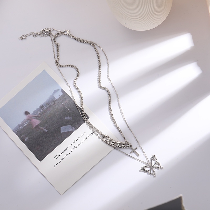 Vòng cổ Bạc Nhiều Lớp Mặt Hình Bướm Chữ Thập Phong Cách Hip Hop Đơn Giản Thời Trang Unisex