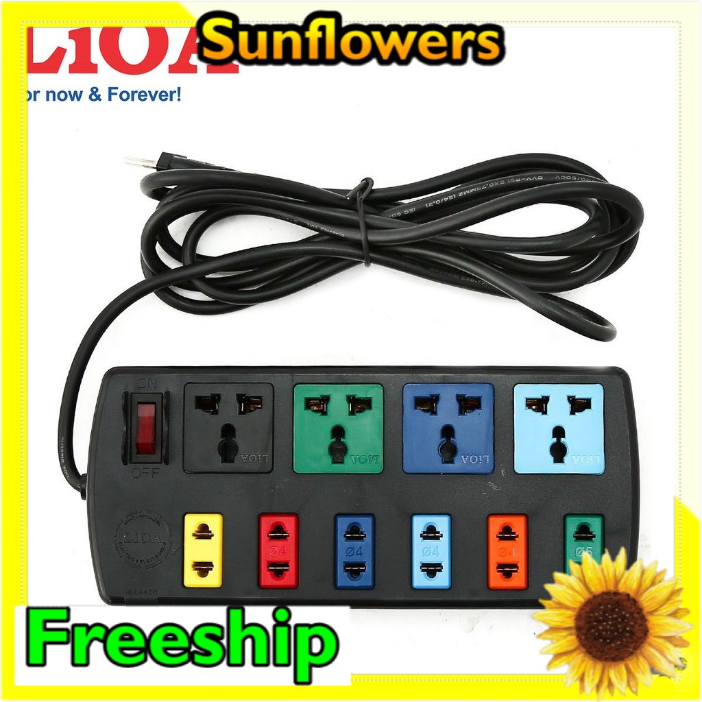 Ổ cắm điện LIOA 4 lỗ, 6 lỗ, 10 lỗ có công tắc, dây dài 3m/5m 1000W - Sunflowers