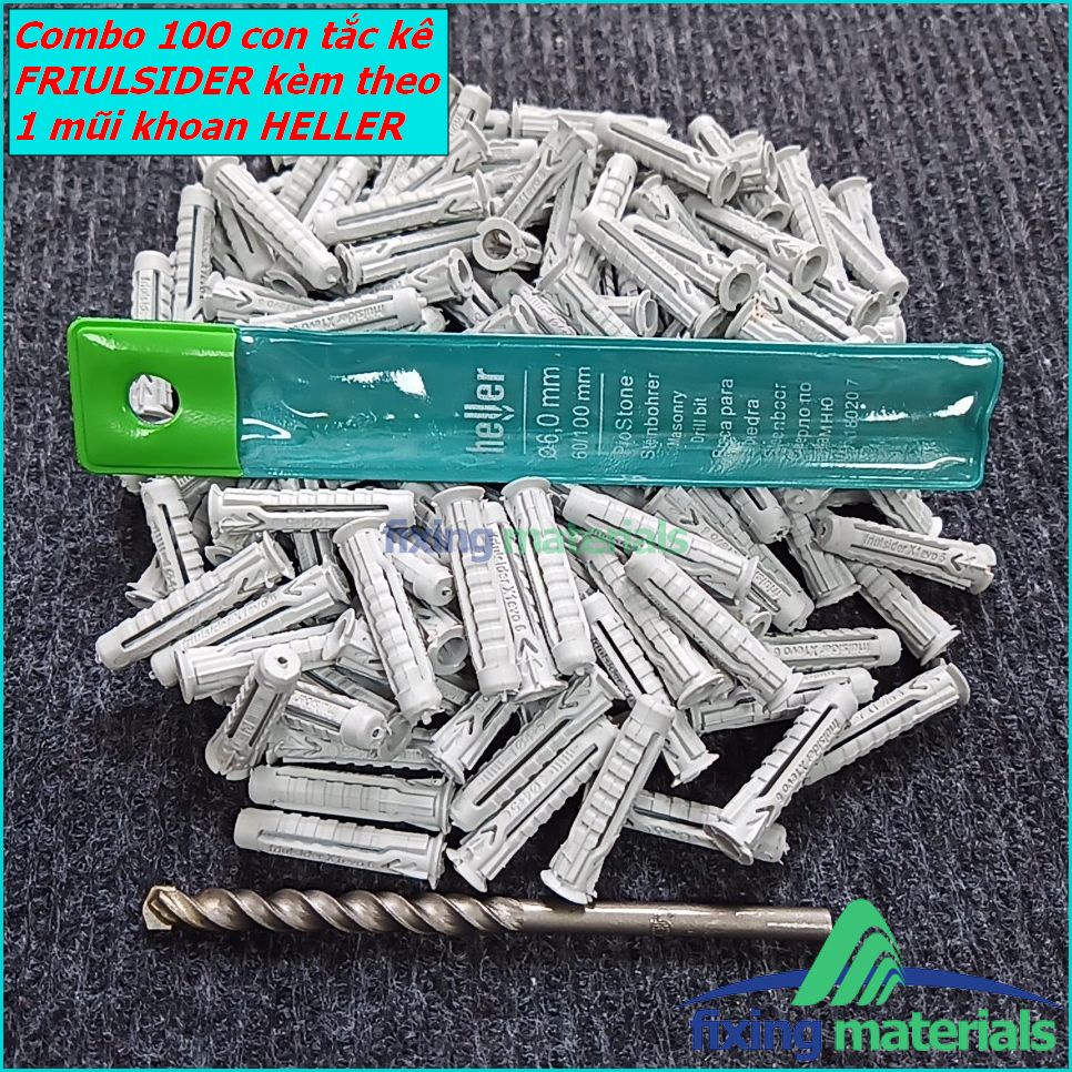 Combo 100 cái tắc kê nhựa Friulsider X1 (SX tại Ý) + 1 mũi khoan Heller (SX tại Đức)