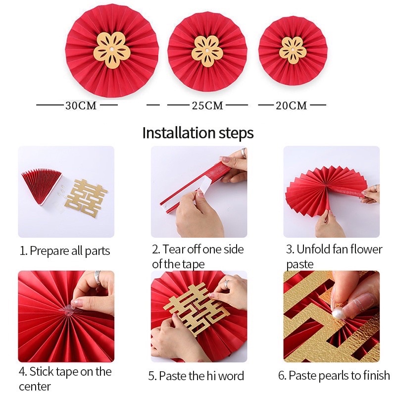 Set 6 quạt giấy hỉ đỏ trang trí phòng cưới, tiệc cưới, đám ăn hỏi