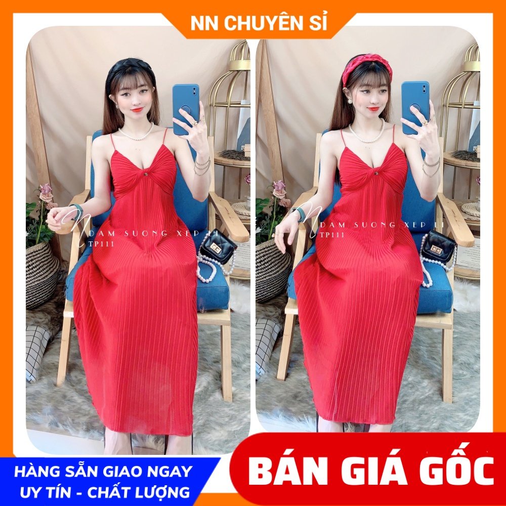 Đầm voan xếp li 2 dây xoắn ngực vải mềm mát  Đầm bầu dễ thương TP111