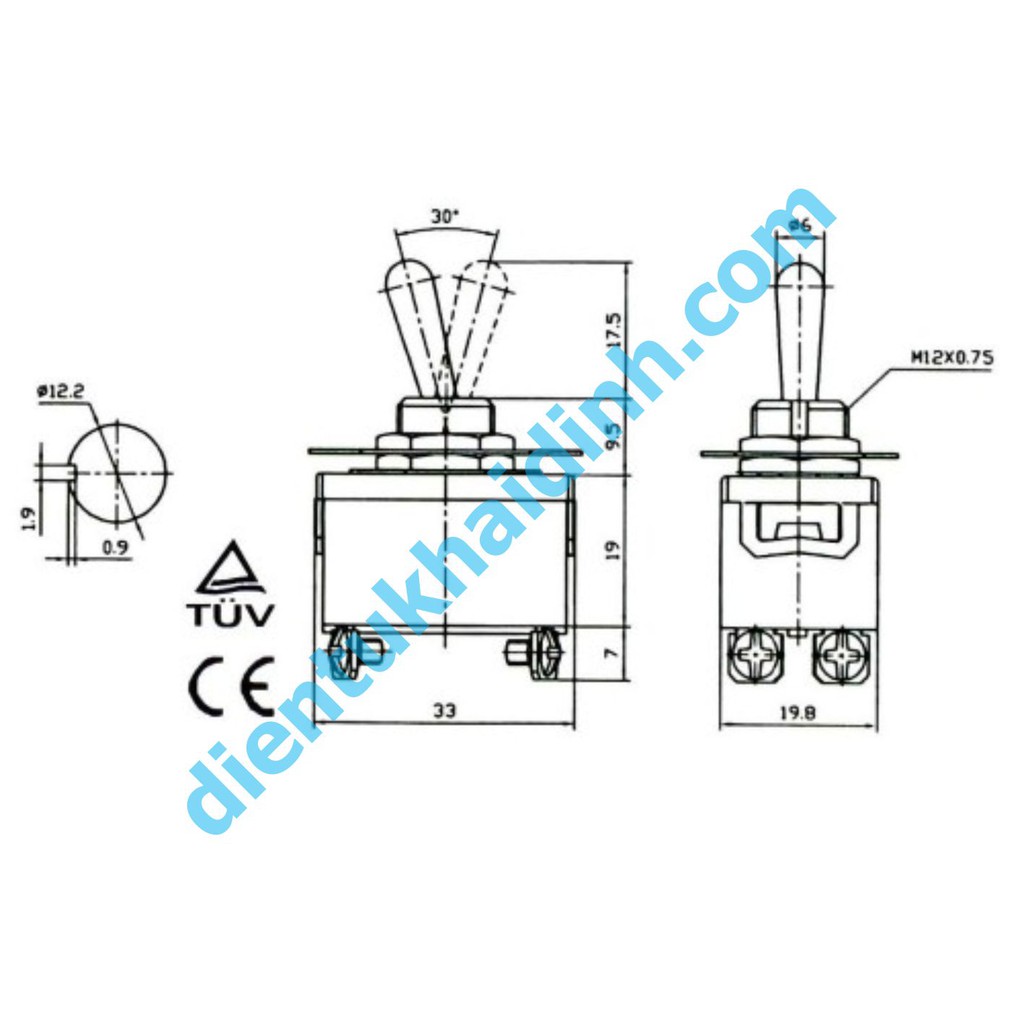 2 CÁI công tắc 12mm E-TEN 15A 250V 1221 2 trạng thái 4P, lỗ 12mm kde3299
