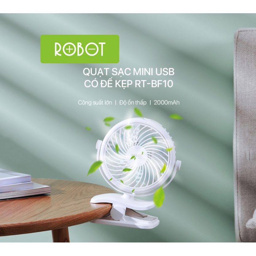 Quạt sạc USB mini ROBOT RT-BF10 Đế kẹp, để bàn, xoay góc 720 độ Power Bank 2000mAh - Chính hãng