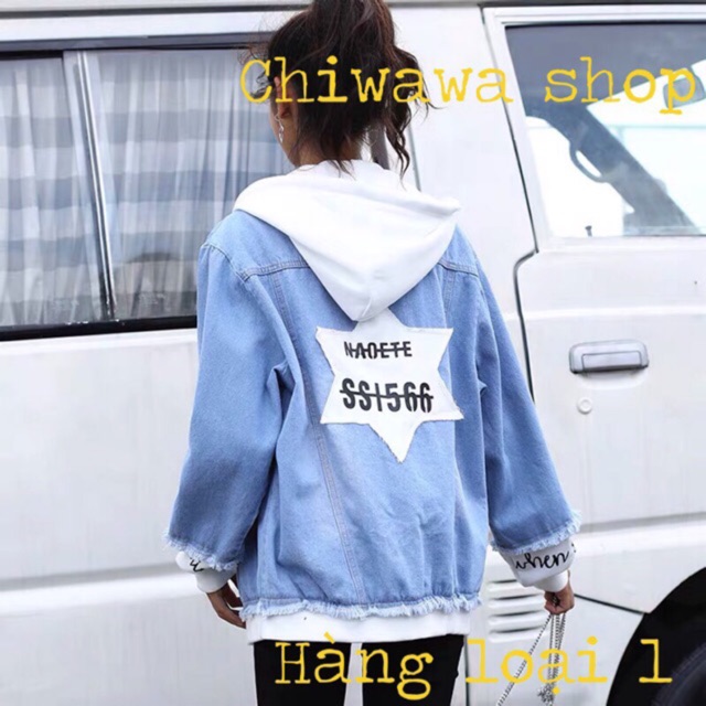 [Video] Áo khoác jean nữ ngôi sao tinh tú Hàn Quốc style mũ nỉ trắng và viền tay đỉnh cao loại 1