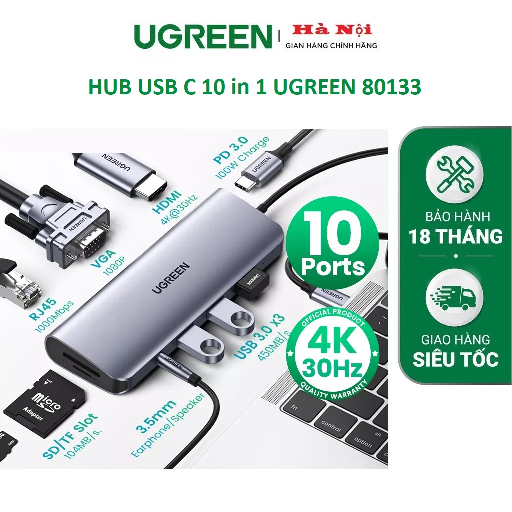 Bộ chuyển Hub Ugreen 10 in 1 USB Type C Ra HDMI 4K Cao Cấp Ugreen 80133 Chính Hãng