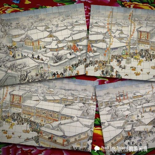 Tem sưu tập Postcard Tranh ghép bức họa hội chùa Tân Cô, lễ hội hoa ở hậu cung thời phong kiến Trung Quốc.