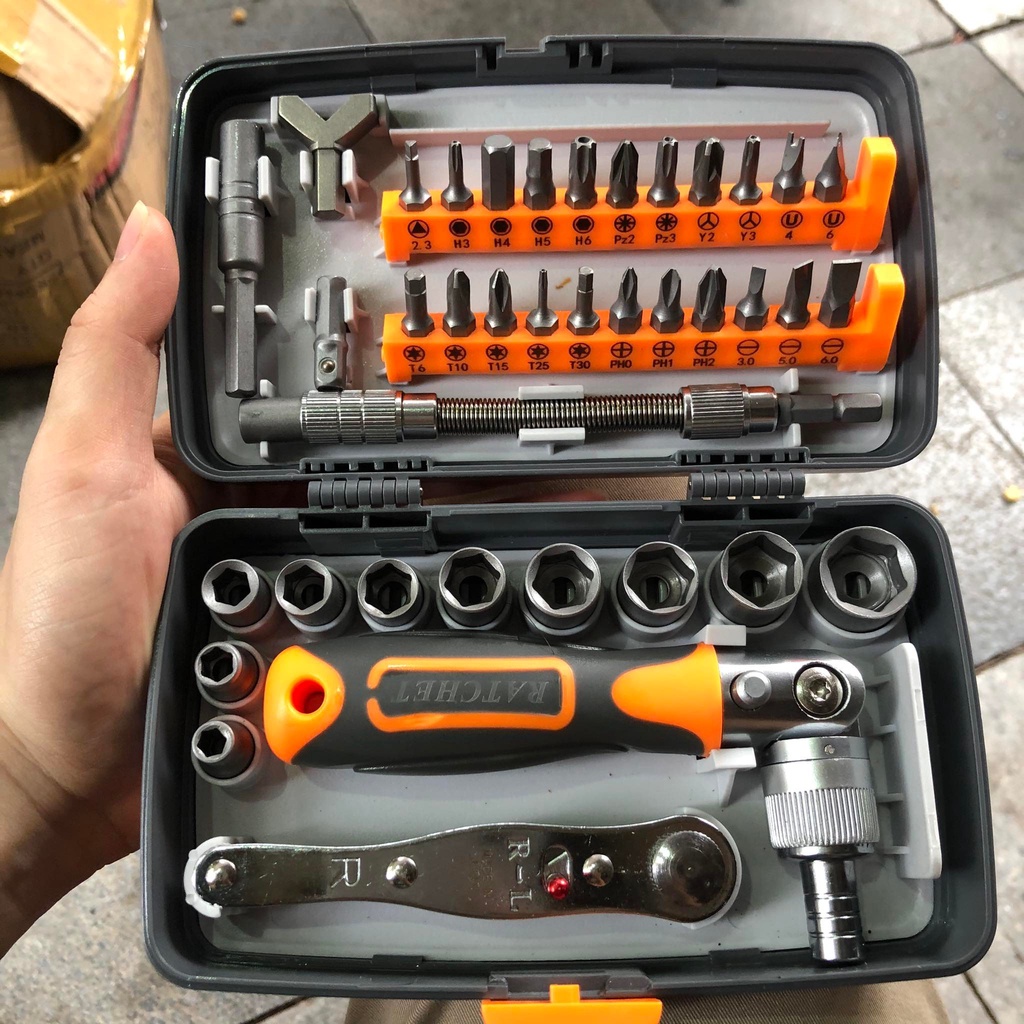 Bộ tô vít 38 chi tiết có tô vít quay 180 độ, tay vặn bánh cóc 35 mũi vít các loại hàng cao cấp