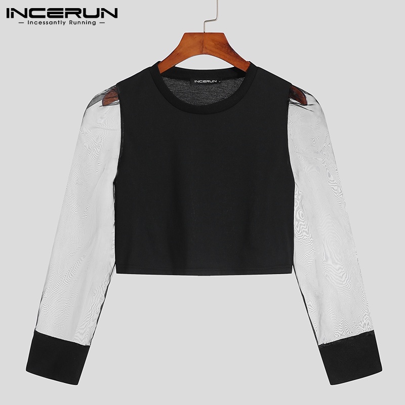 Áo croptop INCERUN tay dài cổ tròn phối lưới xuyên thấu cho nam