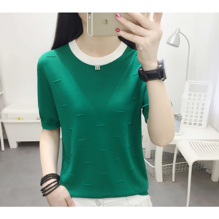 Áo Thun Dệt Kim Mỏng Tay Ngắn Cổ Tròn Thời Trang Mùa Hè Cho Nữ