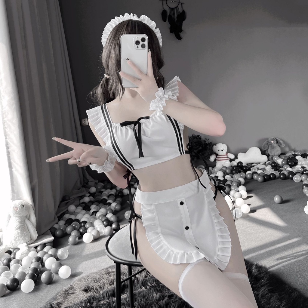 Đồ ngủ sexy đồ ngủ nữ cosplay cô người hầu sexy ren lưới hoa văn màu trắng freesize QUENQUEN store a5 | BigBuy360 - bigbuy360.vn