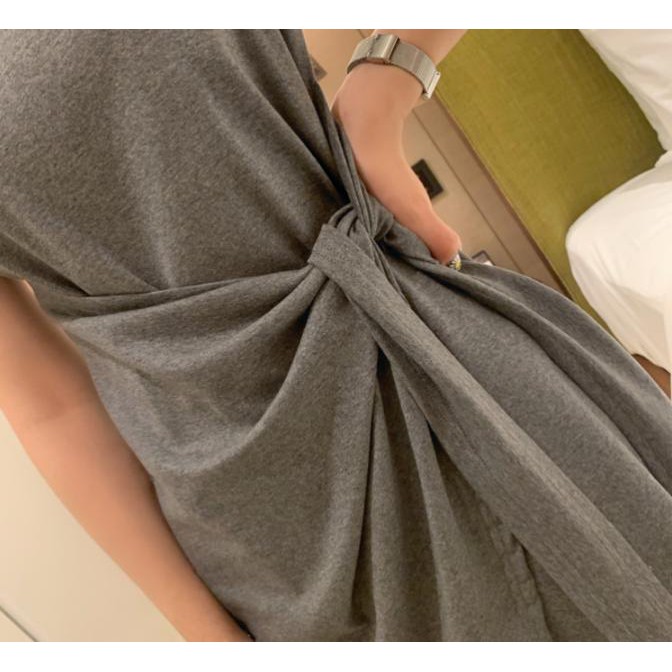 Váy liền cotton buộc nơ eo phong cách Hàn Quốc