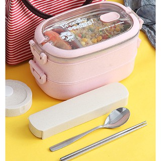 【Cốc +Thìa đũa 】Hộp Cơm Chia Ngăn Cách Nhiệt 2 Tầng Inox