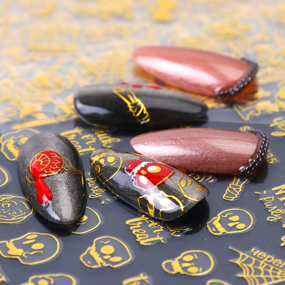 Miếng Dán Trang Trí Móng Tay Màu Đen Họa Tiết Ma Bí Ngô Halloween