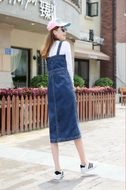 Đầm jean suông yếm cài nút, váy bò 2 dây kiểu xuông - DTH