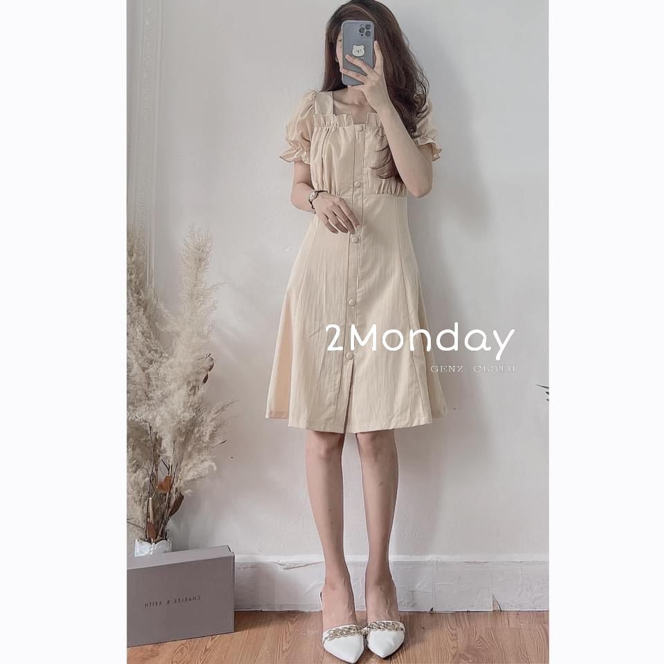 [Ảnh thật/Video] Váy thô đũi cúc bọc ngực xếp li xinh xắn/Đầm cúc bọc thô đũi