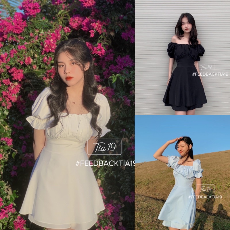 Váy babydoll cổ vuông tầng xếp ly Tia19. Đầm trễ vai ulzzang dáng xoè