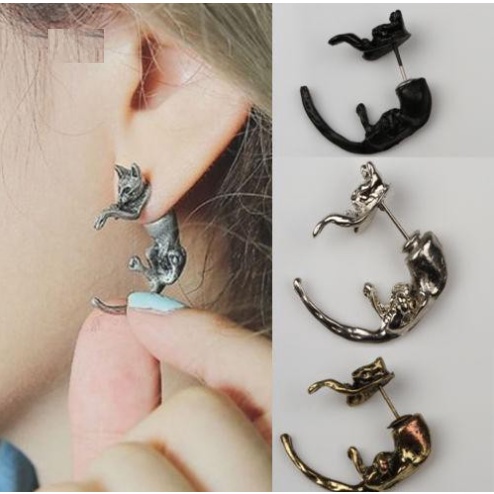 Khuyên tai hình con mèo 3D xuyên qua tai xinh xắn độc lạ thời trang dành cho nam nữ Unisex