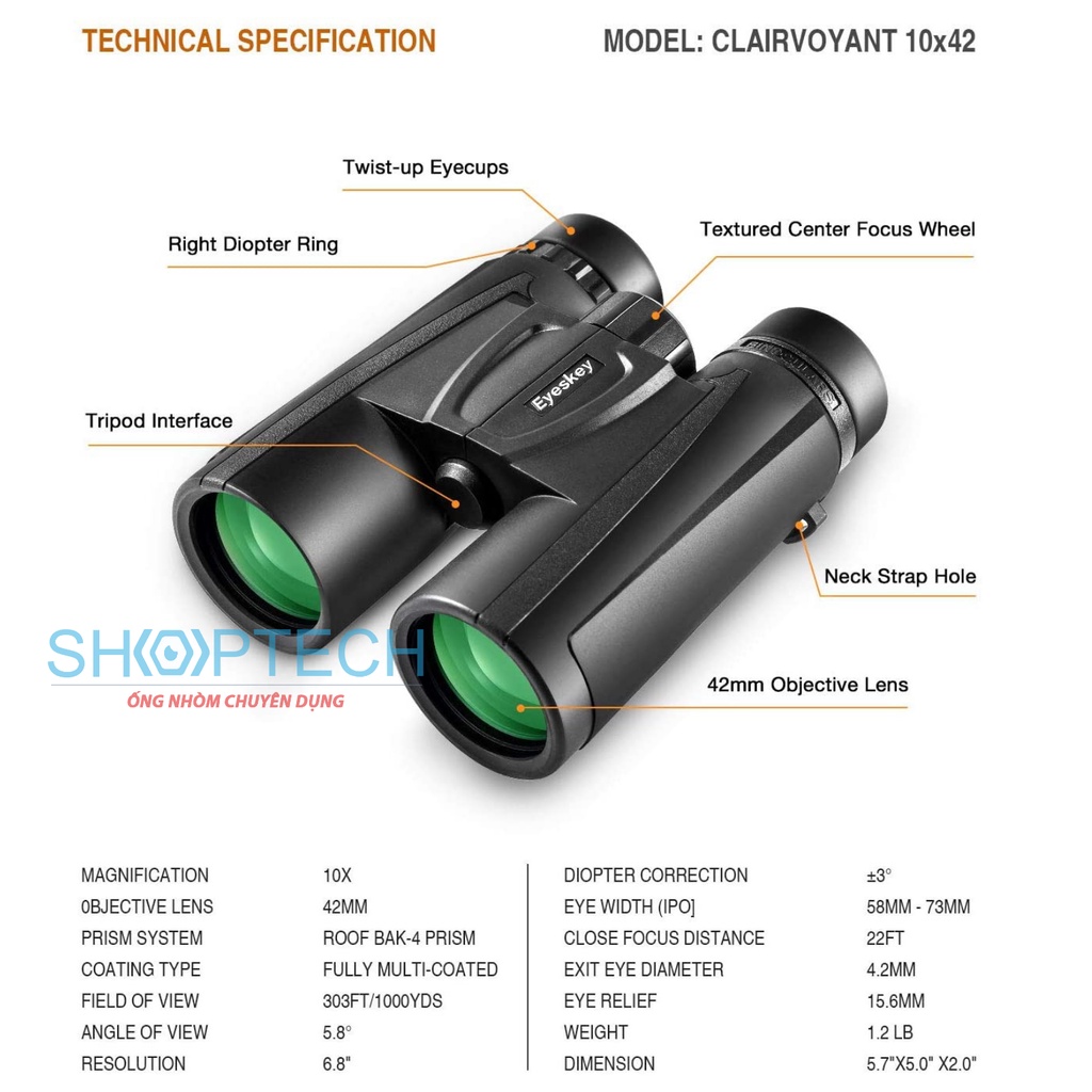 Ống nhòm 2 mắt  Eyeskey 10x42HD Clairvoyant cao cấp chính hãng - Siêu xa chuyên dụng săn ong phong lan du lịch dã ngoại | BigBuy360 - bigbuy360.vn