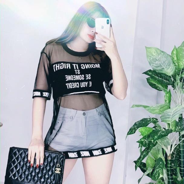 Áo lưới form rộng chạy chữ ở viền áo - ảnh thật - dưới 57kg