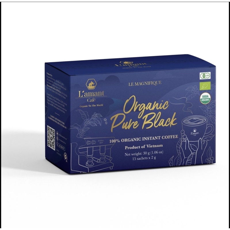 Cà phê hoà tan hữu cơ Pure Black L’amant (15g*2gr) Coffe Organic