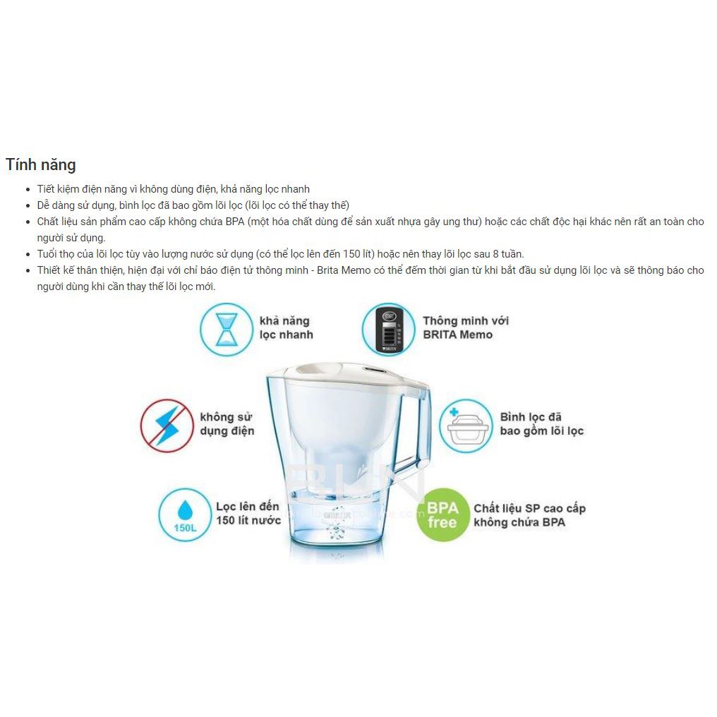 Bình Lọc Nước BRITA Aluna Cool White - 2.4L (Kèm Maxtra Plus)