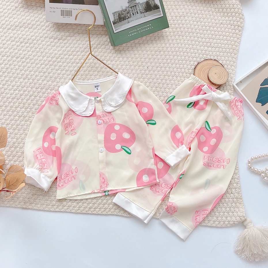 [ 6-17kg ] Bộ Đồ Ngủ Pijama Bé Gái - Set Quần Áo Trẻ Em Mặc Nhà Lụa Cao Cấp Nhiều Màu Dài Tay Họa Tiết Dễ Thương