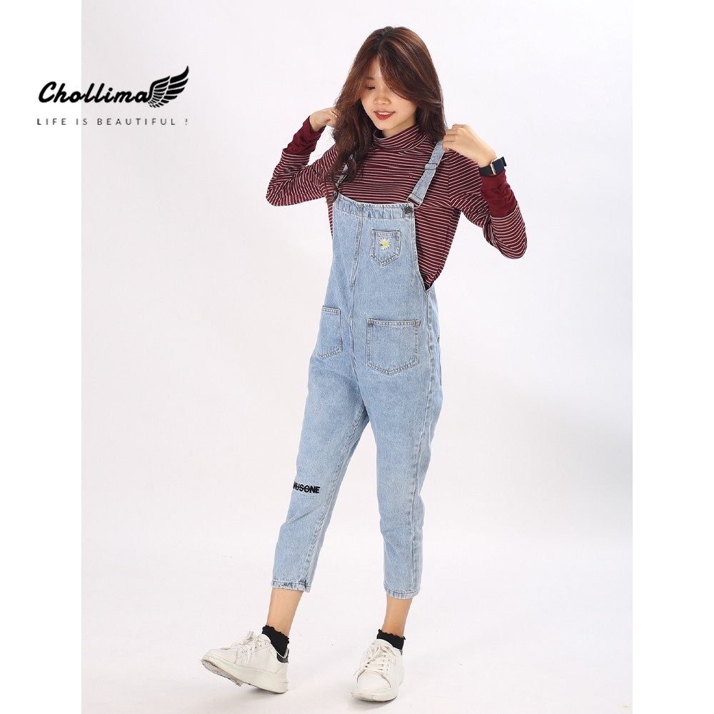 Yếm jeans dài Chollima thêu hoa cúc phong cách trẻ trung hàn quốc YJ004