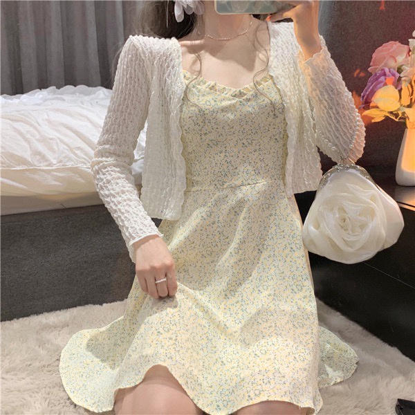 Váy hoa nhí hai dây ngực bèo dáng ngắn phối cardigan thun hè Ulzzang Style 🌸 Hàng Quảng Châu