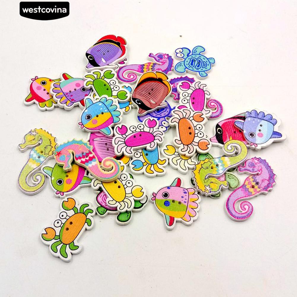 Set 50 Nút Gỗ 2 Lỗ Hình Cua / Rùa / Cá Ngựa Hoạt Hình Dễ Thương