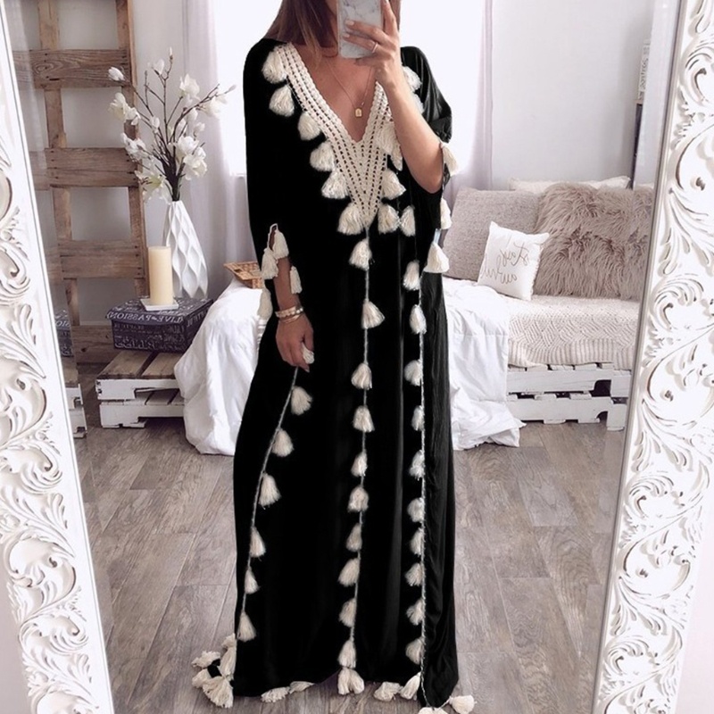 Đầm Dài Cổ Chữ V Tay Lỡ Phối Tua Rua Phong Cách Dubai Ả Rập