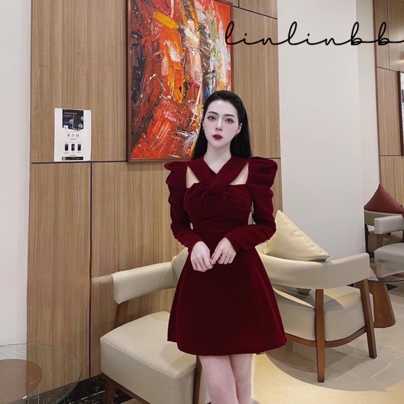 Váy đỏ nhung xinh lộ vai dáng đẹp chuẩn form dáng loại 1 TK EM Váy đỏ xinh xuất sắc nhung hở vai