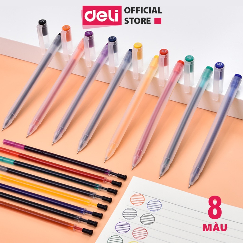 Bộ 8 bút nước mực gel nhiều màu ngòi 0.5mm Deli kèm 8 ống mực thay thế thiết kế xinh xắn nét viết đều đẹp lâu hết mực