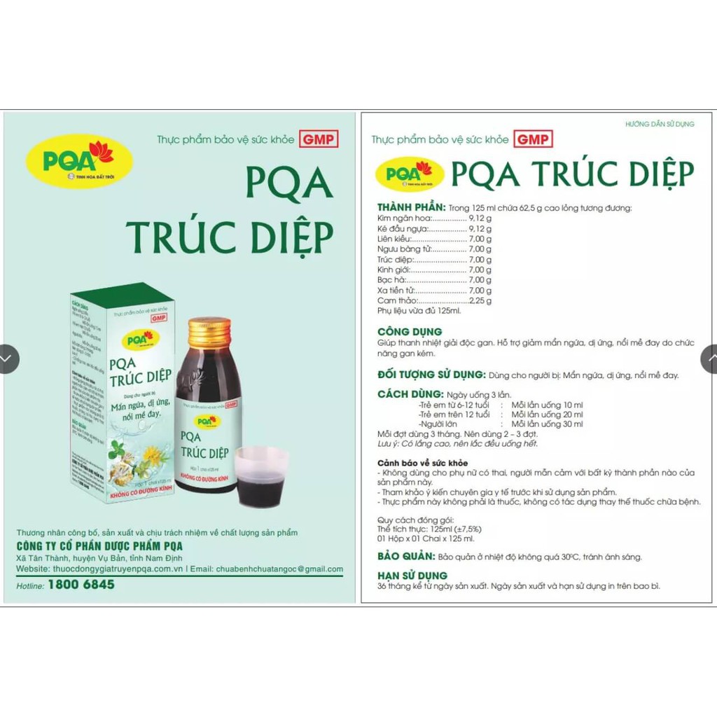 PQA Trúc Diệp: Mẩn ngứa, dị ứng, nổi mề đay do chức năng gan kém- chai 125ml