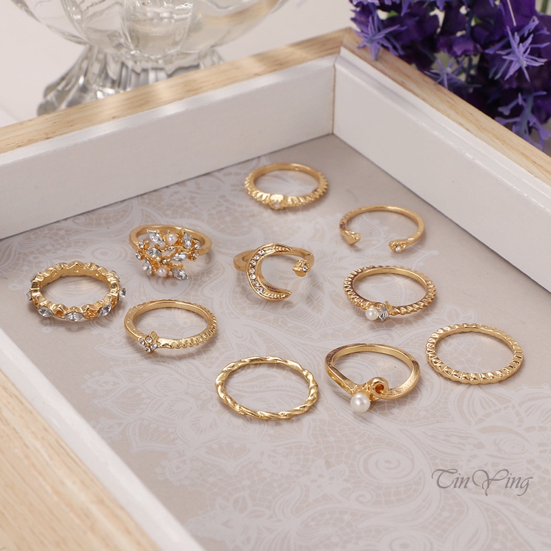 GETNOIVAS 10 nhẫn hợp kim đính hạt nhiều kiểu dáng phong cách Boho