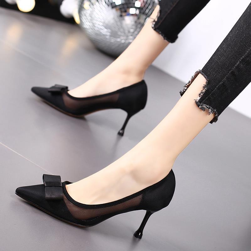 Giày Cao Gót 7CM Mũi Nhọn Phối Lưới Thoáng Khí Đính Nơ Thời Trang Xuân Hè 2021 Cho Nữ